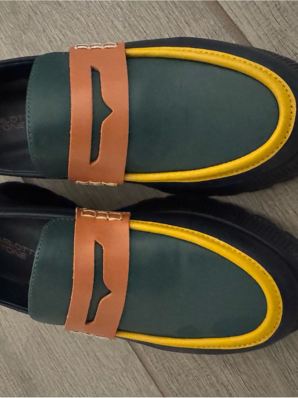 Charlotte Stone Green, Yellow & Brown Penny Loafers